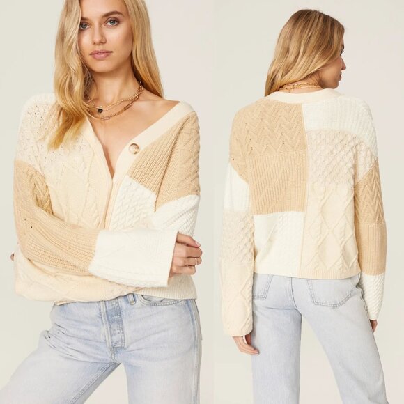 Rails Reese Cardigan in Cream Patchwork Cable Knit Size XS $228 Neutral Cozy